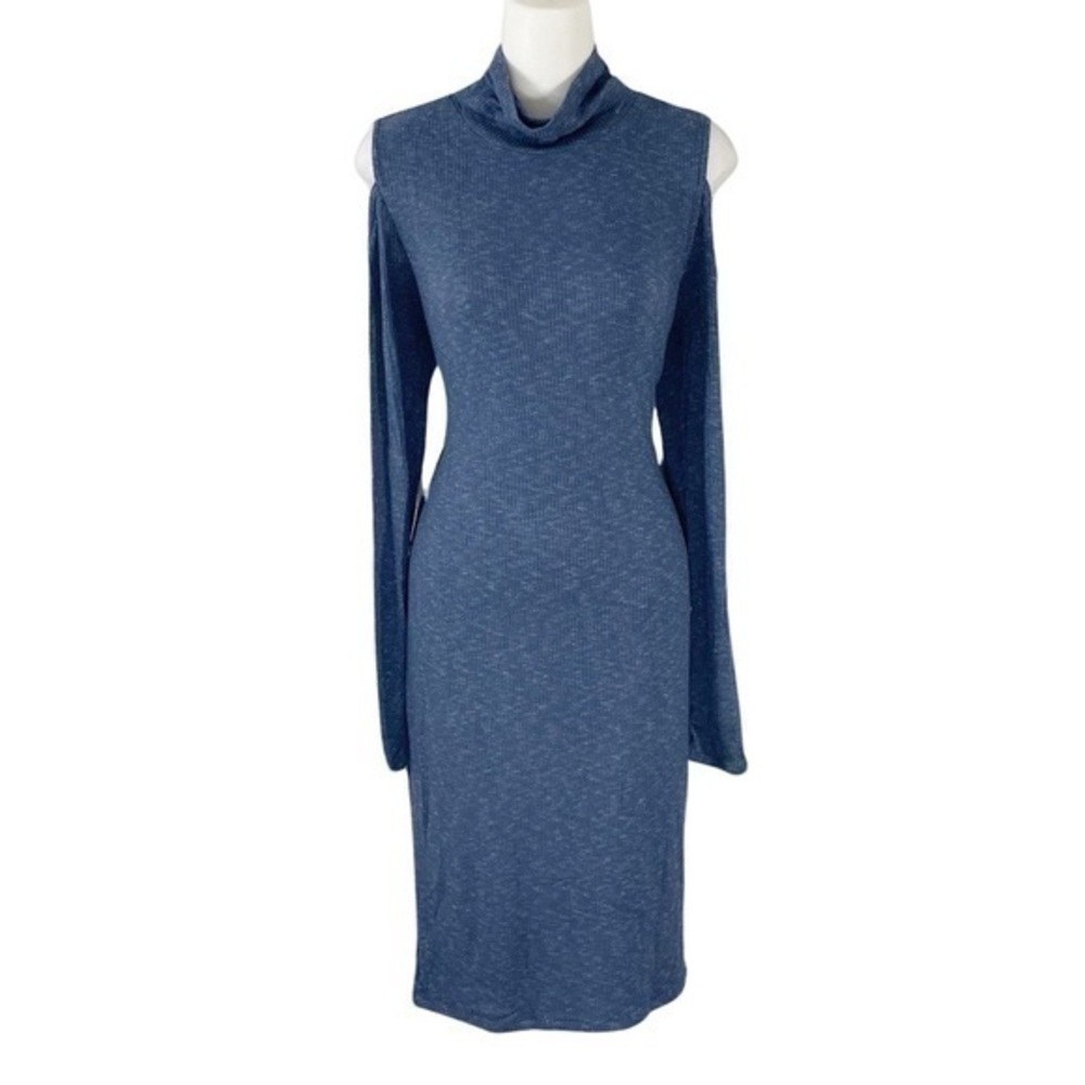 NWT Calvin Klein Jeans Inky Blue Heather Mock Neck Coke Shoulder Ribbed Dress L